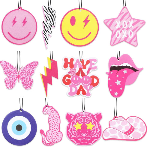 12pcs Preppy Boho Car Air Freshener Essential Oil Hanging Slice Cute Pink Happy Face Air Fresheners Car Interior Accessories for Hanging Rearview ...