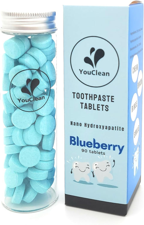 90 Toothpaste Tablets in Refill/Recycle Glass Tube - for Travel and Daily Home Office Use - Nano Hydroxyapatite, Fluoride-Free, Vegan (Blueberry90...