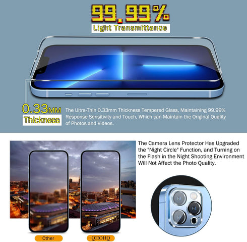 QHOHQ 3 Pack Screen Protector for iPhone 13 Pro Max 6.7" with 3 Pack Tempered Glass Camera Lens Protector, Ultra HD, 9H Hardness, Scratch Resistan...