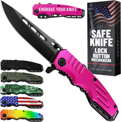 Spring Assisted Pink Knife - Pocket Knife for Women - Self Defense Knife for Women - Pink Knives - Cute Womens Girl Knife - Womens Folding Knife -...