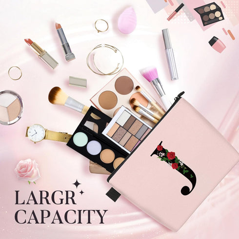 Initial Letter J Makeup Bag for Women Girl, A-Z Personalized Makeup Bag Pink Monogram Cosmetic Bag, Custom Graduation Nurse Week Gift Birthday Bri...