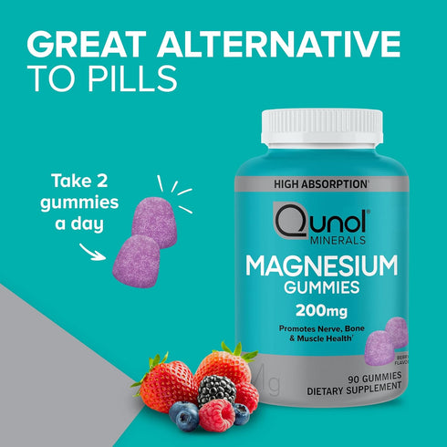 Qunol Magnesium Gummies for Adults, 200mg Magnesium Citrate High Absorption Supplement, Supports Nerve/Bone Health, Muscle Health, Vegetarian, 90 ...