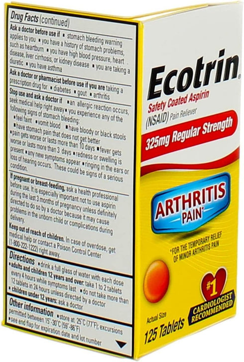 Ecotrin Regular Strength Aspirin, Arthritis Pain Relief, 325mg Regular Strength, 125 Safety Coated Tablets...
