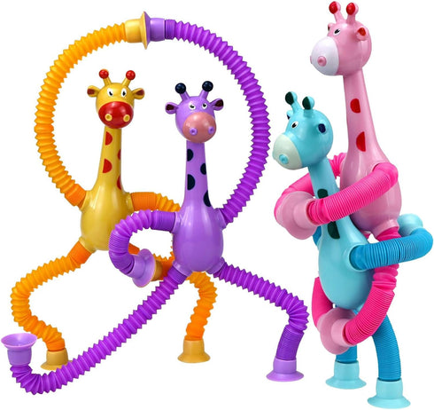 4 Pack Telescopic Suction Cup Giraffe Toy, Pop Tubes Baby Fidget Toys, Fine Motor Skills & Creative Learning, Autism Sensory Toys for Kids Toddler...