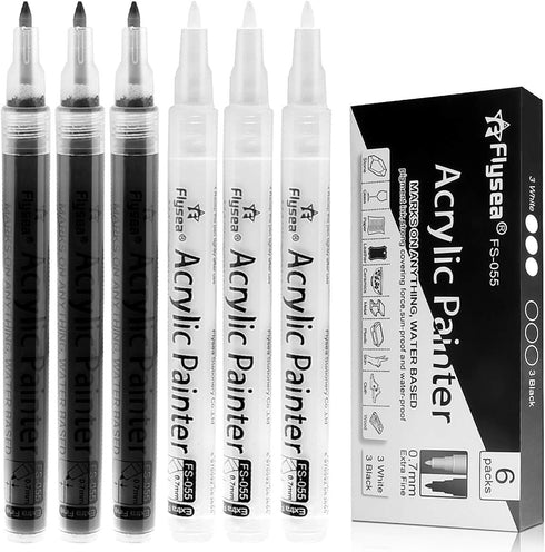 Black Paint Pens, 6 Pack 0.7mm Acrylic Black Permanent Marker ,White Paint Pens for Rock Painting, Stone,Wood, Plastic, Ceramic, Glass, Metal Canv...