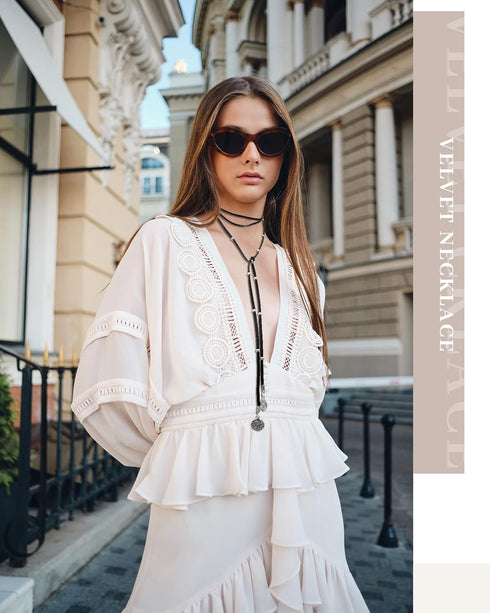 Sureio 6 Pcs Women Black Leather Velvet Long Choker Gothic Boho Brown Wrap Velvet Choker Long Chain Tassels Modern Choker with Velvet Bag for Girl...