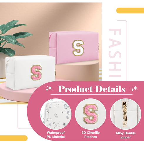 Personalized Makeup Bag Initial A-Z Preppy Patch Bag,Small PU Leather Travel Cosmetic Bag Pouch with Zipper,White Cute Toiletry Bag,Gift Ideal for...