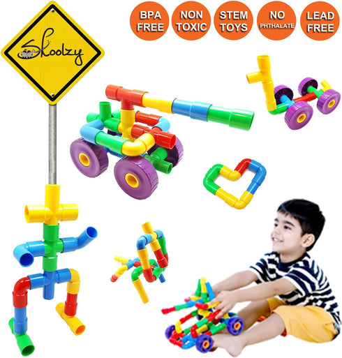 Skoolzy STEM Learning Pipe Tube 29 Piece Toys_and_Games Set, Educational Construction Building Blocks for ADHD & Autism for Baby, Kid Includes Whe...