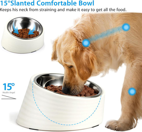Tilted Angle Dog Bowl, 15° Slanted Stainless Steel Dog Cat Food Bowl, Non-Slip & Non-Spill Pet Feeder with Elevated Detachable Melamine Stand, Eas...