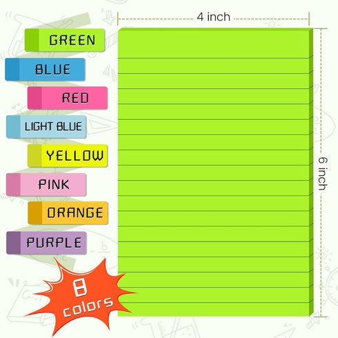 (8 Pack) Lined Sticky Notes, 8 Colors Self Pad Its 4X6 in, Bright Post Stickies Colorful Big Square Sticky Notes for Office, Home, School, Meeting...