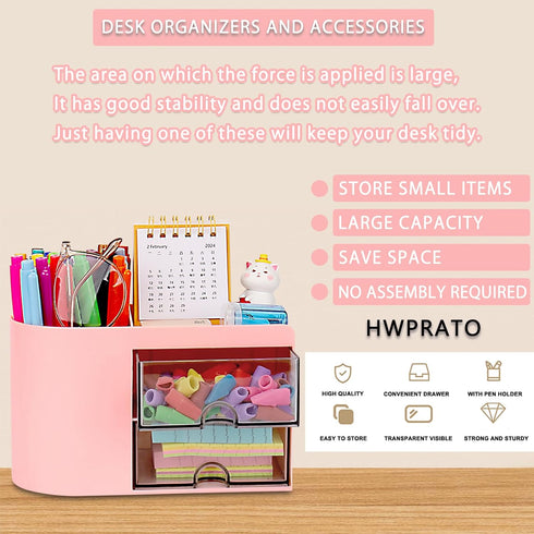 Cute Pen Organizer with Drawer, Multi-Functional Small Desktop Accessories Organizers, Pencil Holder for Desk Office Art Supplies (Rounded Desk Or...