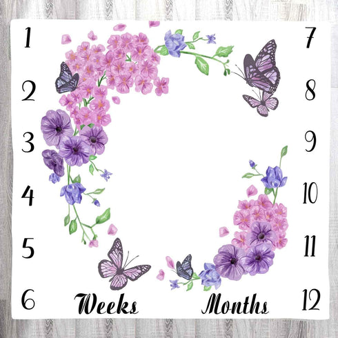 Baby Age Blanket Purple Floral Butterfly Baby Monthly Milestone Blanket Newborn Photo Baby Memory Blanket for Girls 48x40 Inch Baby Growth Chart S...