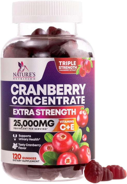 Cranberry Gummies - Urinary Tract Health Gummy + Vitamin C - 25,000mg - Triple Strength Cranberry Concentrate Extract Supplement Pills, Ultimate P...