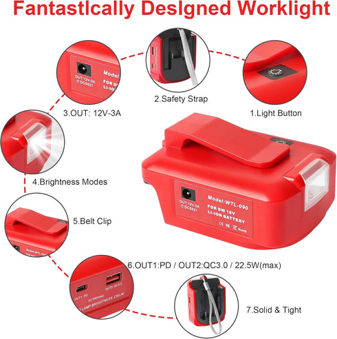 Multi-Functional Power Adapter Compatible with DEWALT and Milwaukee Batteries with Dual USB Ports and 12V DC Port Three-mode work light-Compatible...