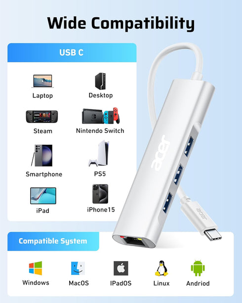 Acer USB C to Ethernet Adapter, 4-in-1 USB C Hub with 3 USB A 3.1 & 1Gbps RJ45 Network, USB C to LAN Adapter for MacBook Pro Air, Surface, Chromeb...