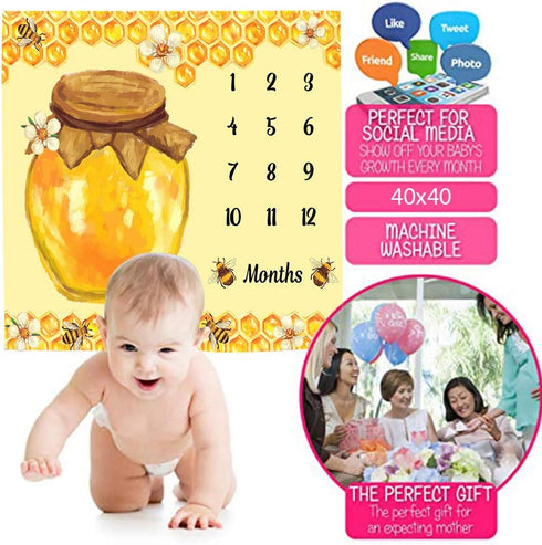 Bees Theme Baby Monthly Milestone Blanket, 48x40in Soft Flannel, Honey Jar Backgrounds, Newborn Mom Gifts, Baby Shower Age Growth Tracker with Bon...