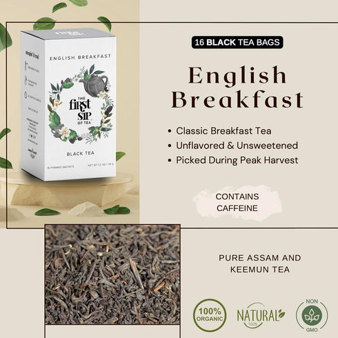 English Breakfast Black Tea, Pyramid Sachet Tea Bags, High Caffeine Afternoon Tea, 100% Pure Unflavored Black Tea, Hot & Iced - 16 Cups | The Spic...