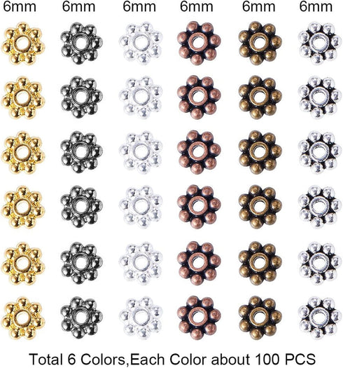 PH PandaHall 600pcs Tibetan Flower Spacer Beads, 6 Colors Metal Alloy Daisy Beads 6mm Jewelry Spacers Flat Loose Beads for Bracelet Necklace Jewel...