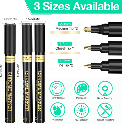 Liquid Gold Chrome Markers, Supper Golden Metallic Paint Pens, Reflective Gloss Permanent Mirror Markers for Model Repairing, Resin Metal Glass Pl...