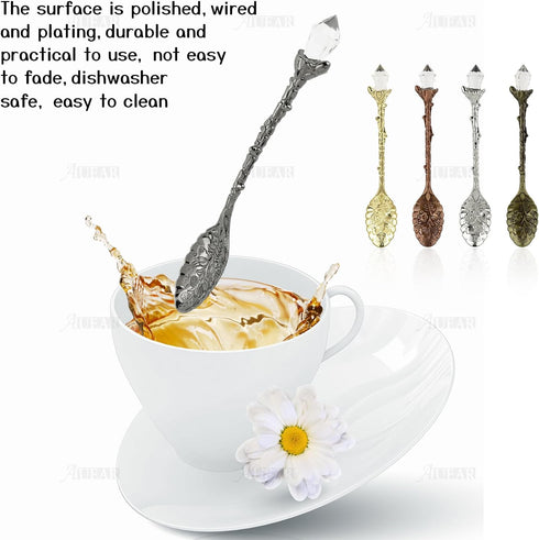 AUEAR, Retro Crystal Antique Alloy Spoon Coffee Tea Spoon Dessert Mini Ice Cream Decorative Spoons Set for Home Office (5 Pack)...