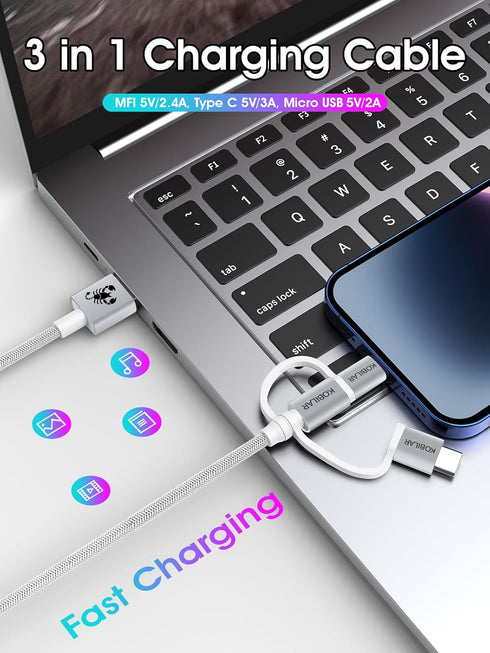 [Apple MFi Certified 3 in 1 Charging Cable, CarPlay Cable, USB A to Lightning/Type-C/Micro, Multi Charger Cable, Compatible with iPhone,iPad,Samsu...