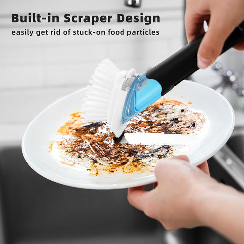 SUBEKYU Dish Brushes with Soap Dispenser, Kitchen Dish Scrubber Brushes with Handle, Dishwashing Cleaning Scrubbers for Dishes/Pans/Pots, Black, 2...