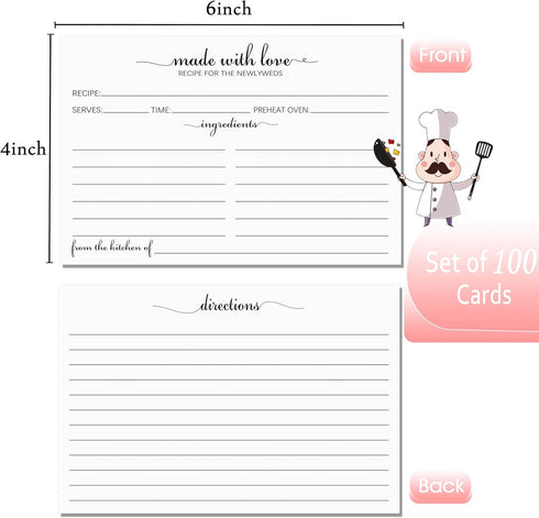 4x6 Recipe Cards for the Newlyweds, 100 Pack Double Sided White Cardstock - Simple, Cute Made with Love Heart Design - Double-Sided - For Bridal S...
