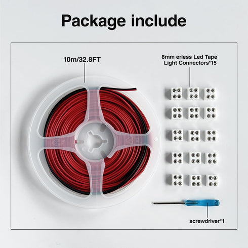 15Pack erless LED Strip Connector 2pin 8mm with 32.8ft Wire, Tighten Screw Terminal Blocks 2 Pin 8mm Connectors with Screwdriver for 5-24v LED Tap...