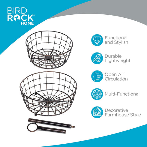 BIRDROCK HOME 2 Tier Wire Fruit Basket | Round Metal Standing Baskets | Fruit Vegetable Garlic Caddy | Freestanding Rustic Decorative Basket...