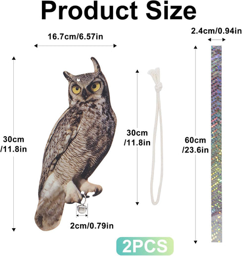 Fake Owl Decoy to Scare Birds, 2Pack Reflective Birds Deterrent Owl Bird Scarer Dual-Side Printed Owl for Farms, Orchards, Gardens, Window...