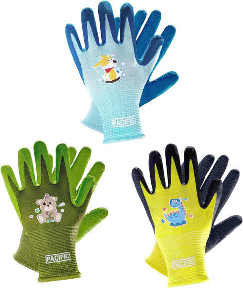 PACIFIC 3 Pairs Kids Gardening Gloves for Age 8-12, Toddler Rubber Coated Garden Gloves, Kids Work Gloves, for Children, Boys and Girls, Multicolo...