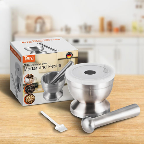 Tera 18/8 Stainless Steel Mortar and Pestle with Brush,Pill Crusher,Spice Grinder,Herb Bowl,Pesto Powder...