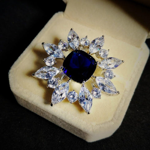Victorian Vintage Opens Royal Blue Square Stone Domed Burst Flower Brooch Pin Elegant Jewelry...