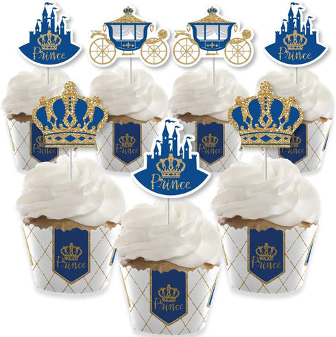 Big Dot of Happiness Royal Prince Charming - Cupcake Decoration - Baby Shower or Birthday Party Wrappers and Treat Picks Kit - Set of 24...