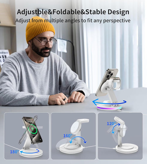3 in 1 Mag-Safe Charger Stand, Magnetic Foldable Wireless Charging Station for Apple, Rotating & Light Adjust, Compatible with iPhone 15/14/13/12 ...