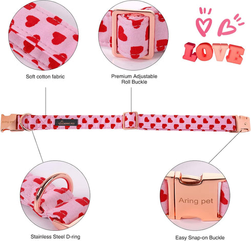 ARING PET Valentine's Day Dog Collar-Girl Dog Collar with Felt Flower, Cute Pink Heart Dog Collars Pet Collars with Metal Buckle...