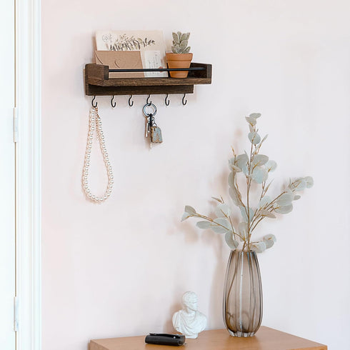 Mkono Key Holder for Wall 9.5" x 3.5" x 2.5" Small Rustic Wood Key Rack with 6 Hooks Decorative Display Keys Hanger Organizer for Entryway Living ...