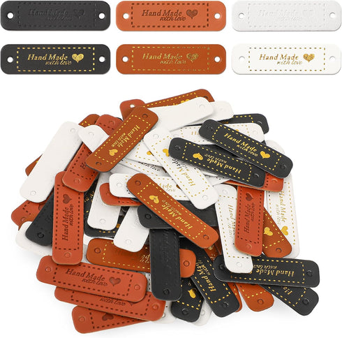 60Pcs Handmade Sewing Labels, PU Leather Labels Sewing Labels for Handmade Items with Hole DIY Sewing Lables for Embellishment Crochet Knitting Ha...