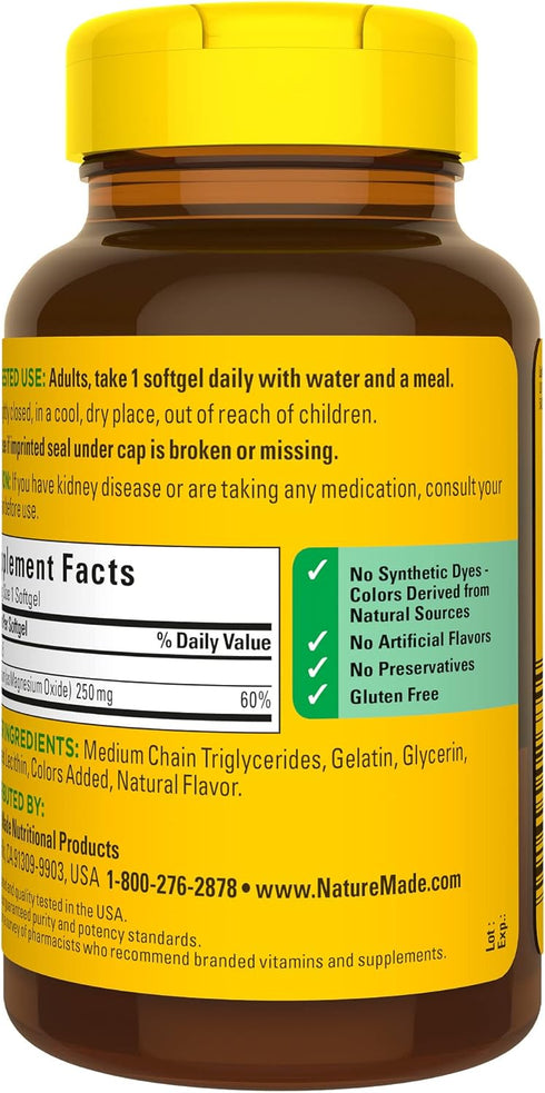 Nature Made Magnesium 250 mg, Magnesium Supplement for Muscle, Heart, Bone and Nerve Support, 90 Softgels, 90 Day Supply...