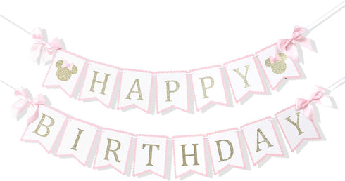 Minnie Happy Birthday Decorations - Minnie 1st/First Birthday Banner,Mouse Pink And Gold Birthday Banner,Mouse Birthday Party Banner...