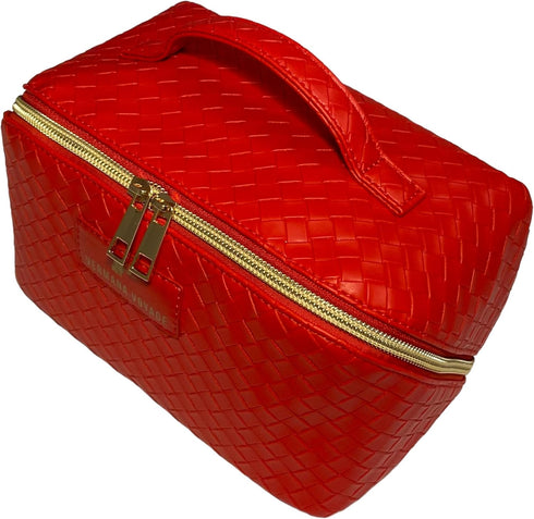 Travel Makeup Bag Water-resistant Large Capacity Red Cosmetic Bag With Elegant Woven Pattern Double-Sided Zipper And Smart Interior Organization F...