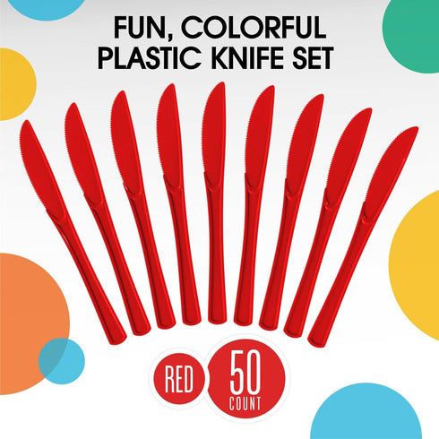 Exquisite Heavy Duty Red Plastic Knife, 50 Pcs - BPA Free Disposable Cutlery for Parties, Picnics & More...