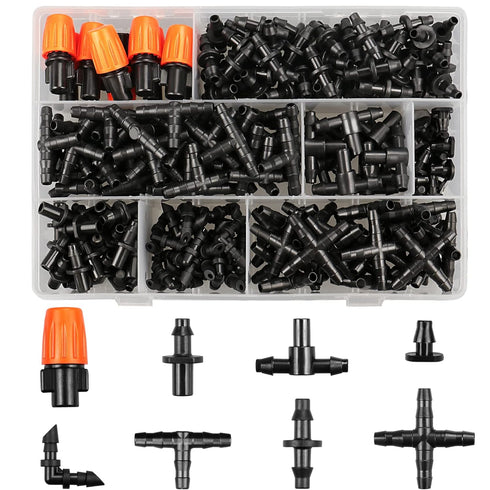 Drip Irrigation Fittings Kit for 1/4" Tubing, 260 Pcs Drip Line Connectors for Drip Systems - 10 Nozzles,10 Nozzle Tees,25 Single barbs,25 4-way C...