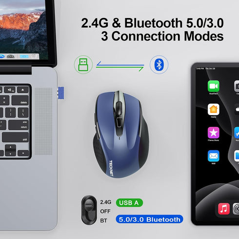 TECKNET Wireless Mouse (2.4G & BT5.0/3.0) Silent Mouse 4800 DPI Computer Mouse 6 Buttons Bluetooth Mouse, USB A Mouse Wide Compatibility - Blue...