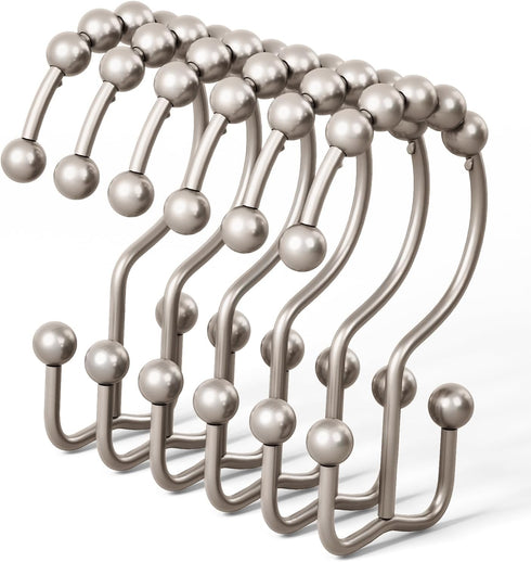 DAWNER Shower Curtain Hooks, Rust Proof Metal Easy Glide Double Rings, Stainless Steel Hangers for Bathroom Curtains, Set of 12, Brushed Nickel...
