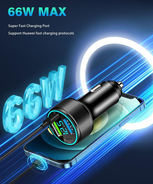 66W USB C Car Charger 4 Port Car Charger Adapter with 30W PD, 3.1A Aluminium Alloy Car Cigarette Lighter USB Charger with LED Voltmeter Compatible...