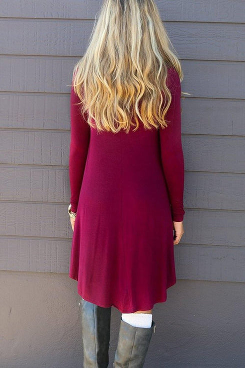 DEARCASE Women's T-Shirt Dress Wine Red Large Crewneck Spring Casual Loose Long Sleeve Fall Wedding Guest Knee Length Jersey Flowy Stretch Solid A...