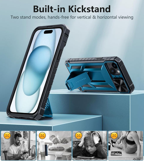FNTCASE for iPhone 15 Plus Case: Heavy Duty Shockproof Cover with Kickstand | Rugged Military Grade Drop Proof Protection Matte Textured TPU Prote...