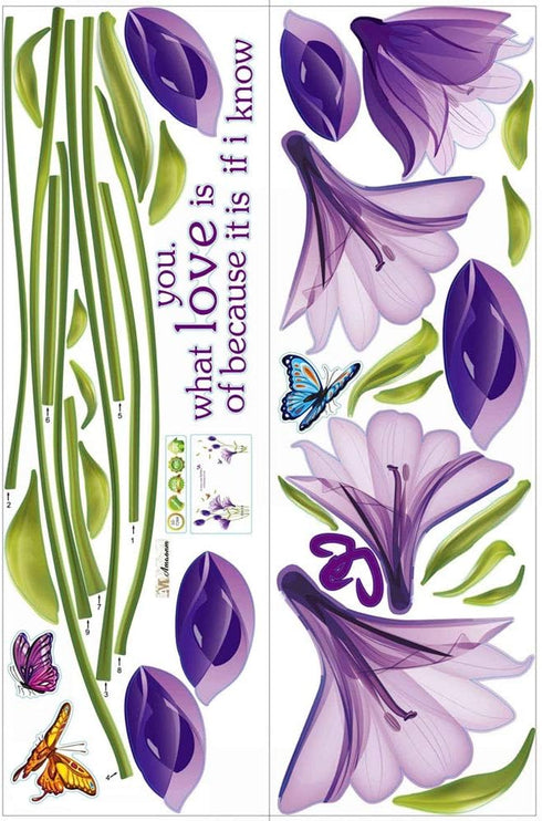 Removable Purple Lovely Lily Flowers Wall Stickers DIY Flower Vines Art Quotes and Butterfly Decal for Home Living Room Girls Bedroom Playroom Bat...