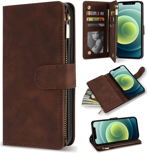 ZZXX for iPhone 12 Mini Wallet Case with Card Slot Premium Soft PU Leather Zipper Flip Folio Wallet with Wrist Strap Kickstand Protective for iPho...